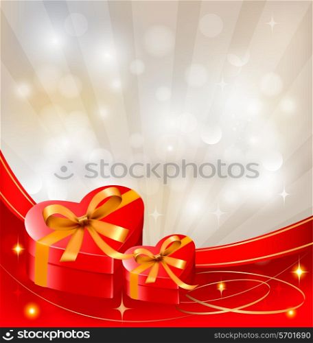 Valentine`s day background with red gift boxes with bow and ribbons. Vector.