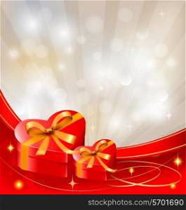 Valentine`s day background with red gift boxes with bow and ribbons. Vector.