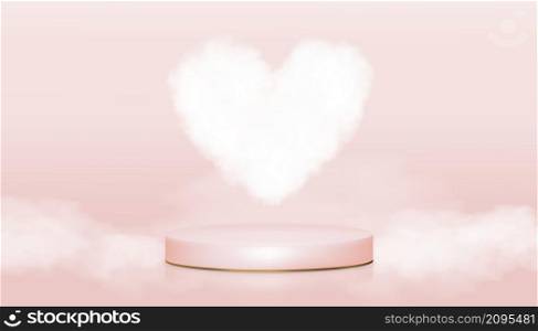 Valentine's day banner background with heart shape cloud and display cylindrical shape on pink pastel, Vector 3D illustration empty studio room with circle mock up for holiday greeting card