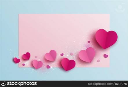 Valentine’s day banner design of hearts on blank paper background vector illustration