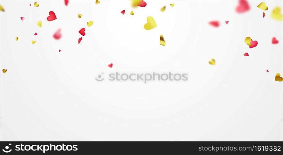 Valentine’s day, banner template. confetti heart red gold ribbons. Celebration luxury greeting rich card.