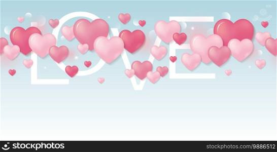 Valentine’s day card design of pink hearts with love text vector illustration
