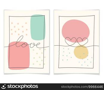 Valentine’s Day card. Hand drawn outline style with various shapes and doodle objects. Abstract Geometric Memphis card pastel colors. Minimal Continuous line Vector illustration.