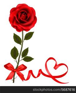 Valentine`s day card. Red roses and gift red bow. Vector illustration.
