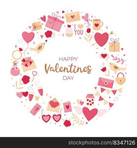 Valentine s day card. Round composition of various elements on a white background and an inscription. Vector illustration. Valentine s day card. Round composition of various elements on a white background and an inscription.