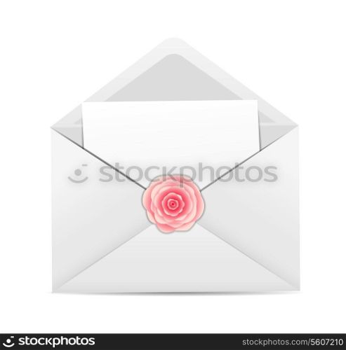Valentine`s Day Card with Envelope and Rose Flower Vector Illustration