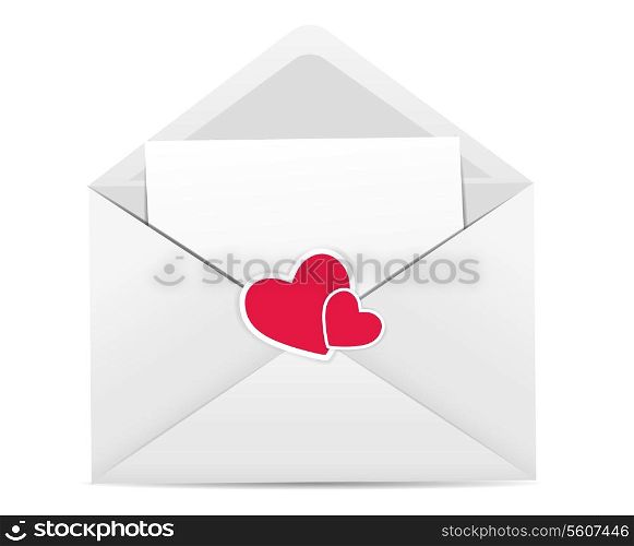 Valentine`s Day Card with Envelope, Heart and Rose Flower Vector Illustration