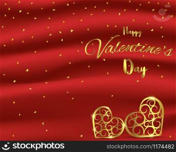 Valentine's Day card with gold heart shape on red silk background,vector illustration