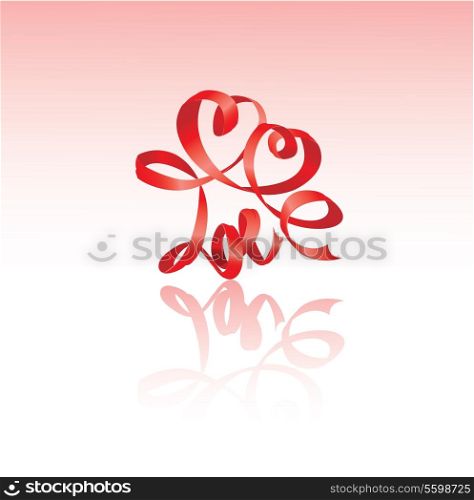 Valentine`s Day card with hearts and word LOVE is made by red ribbon