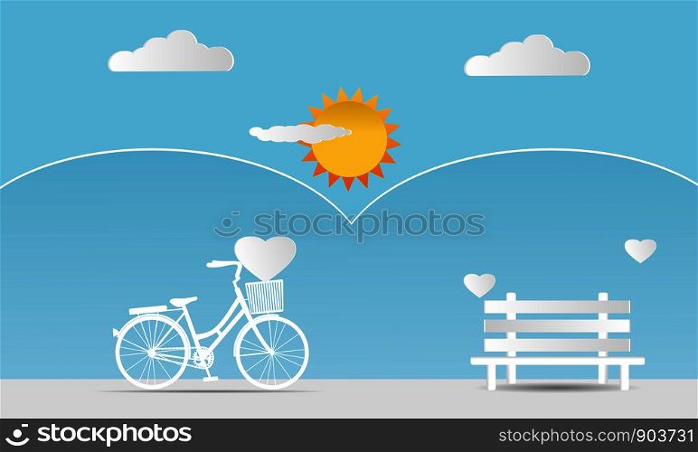 Valentine's Day Card With white heart shape balloons and white paper bicycle with bench on soft blue background. Paper Art Design vector illustration