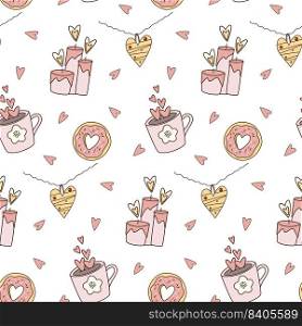 Valentine’s day cartoon hand drawn romantic seamless pattern. Pink elements on white background. Coffee, donut, hearts, necklace, candles.