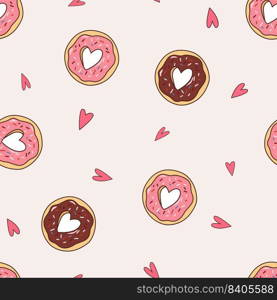 Valentine"s Day chocolate donuts and pink hearts seamless pattern. Sweet romantic 14 February love endless backgroung.