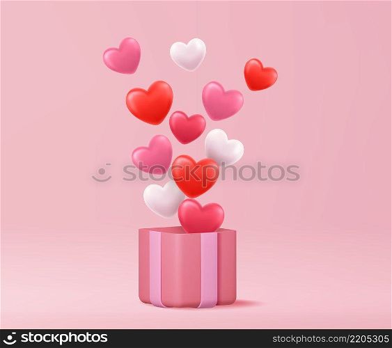 Valentine s day concept. 3D heart hot air flying from open gift box on pink background. 3d rendering. Love concept for happy mother s day, valentine s day, birthday day. Vector illustration. gift box open balloon heart