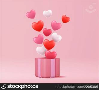 Valentine s day concept. 3D heart hot air flying from open gift box on pink background. 3d rendering. Love concept for happy mother s day, valentine s day, birthday day. Vector illustration. gift box open balloon heart