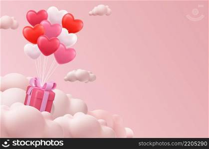 Valentine s day concept. 3D heart hot air flying with gift box on cloud background. Love concept for happy mother s day, valentine s day, birthday day. Vector illustration. Valentine s day concept.