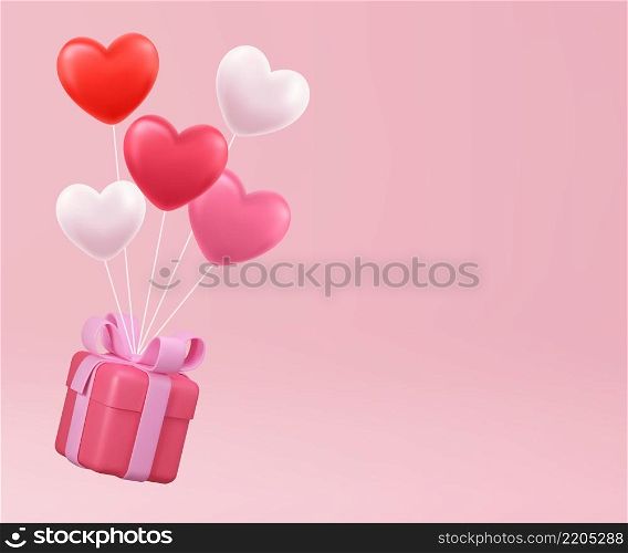 Valentine s day concept. 3D heart hot air flying with gift box on pink background. Love concept for happy mother s day, valentine s day, birthday day. Vector illustration. Valentine s day concept.