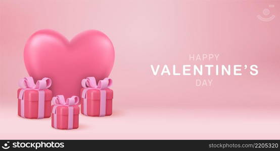 Valentine s day concept. Banner Greeting Card Big Heart Shape and Gift Box 3D Rendering. Love concept for happy mother s day, valentine s day, birthday day. Vector illustration. gift box open balloon heart
