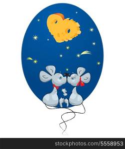 Valentine`s Day concept: cartoon of a Male Mouse and a Female Mouse on sky background with stars and moon-heart - shaped Cheese