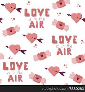 Valentine s day concept seamless pattern with vector cute cartoon elements, letters with wings and hearts. Pink background for wrapping paper and gift boxes. Valentine day concept seamless pattern with vector cute cartoon elements, letters with wings and hearts. Love is in the air lettering. Pink background for wrapping paper and gift boxes