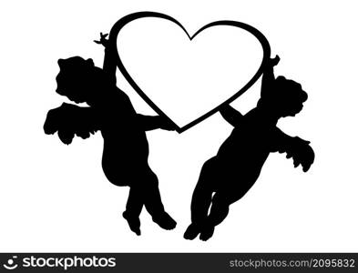 Valentine's day cupid silhouette. Two cupids holding a heart. Vector.