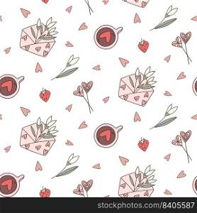 Valentine"s day doodle vector love mail seamless pattern. Pink, red and brown colors. Cappuccino, hearts, flowers, envelope, strawberry. 