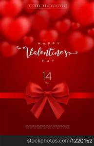 Valentine's day greeting card templates with realistic of beautiful red heart with ribbon on red background