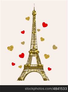 Valentine's day greeting card with golden shining Eiffel Tower and hearts