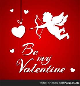 Valentine's day greeting card with paper cupid and hearts on a red background