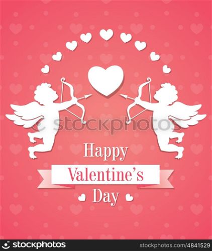 Valentine's day greeting card with two paper cupids and hearts on a pink background