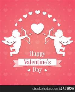 Valentine's day greeting card with two paper cupids and hearts on a pink background