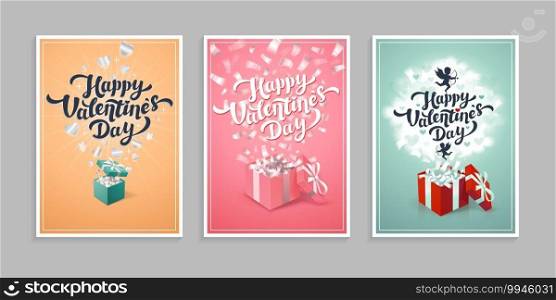 Valentine’s day greeting cards - set of love day vector cards or posters in different background colors. Vector illustration. Valentine’s day greeting cards - set of love day vector cards or posters in different background colors. Vector illustration.