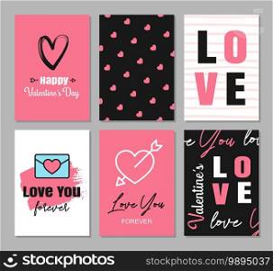 Valentine’s day greeting cards with hearts and symbol decoration for invitation, flyer, posters, tag, banner.