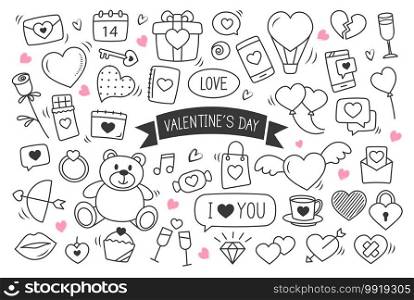 Valentine’s day hand drawn doodles objects and symbols. Set of love and elements background.