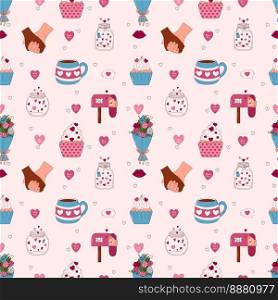 Valentine’s Day Hand drawn seamless pattern. Letter, heart, cupcake, mug, jar and other elements. Valentine’s Day Hand drawn seamless pattern. Letter, heart, cupcake, mug, jar and other elements.