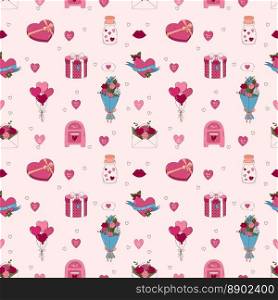 Valentine’s Day Hand drawn seamless pattern. Letter, heart, flower, gift box, chocolate box and other elements. Valentine’s Day Hand drawn seamless pattern. Letter, heart, flower, gift box, chocolate box and other elements.