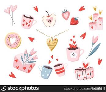 Valentine’s day heart shape food and drinks vector hand drawn flat illustration collection in pink and red colors.