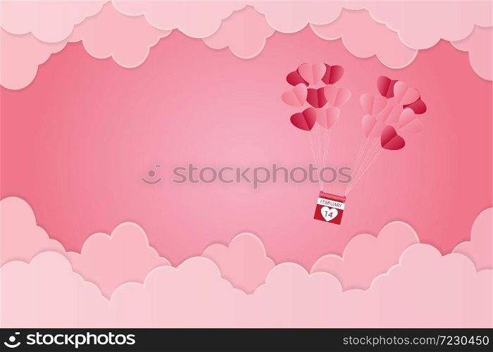 Valentine?s day, heart-shaped balloon floating in the sky, pink background, paper art