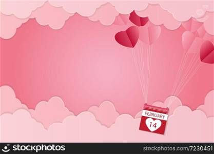 Valentine?s day, heart-shaped balloon floating in the sky, pink background, paper art