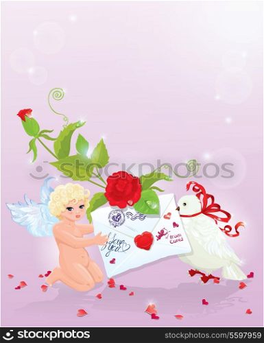 Valentine`s Day illustration with rose, angel, letter and dove. Empty space for your text.