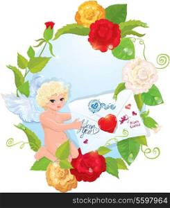 Valentine`s Day illustration with roses, angel and letter. Oval frame with empty space for your text.