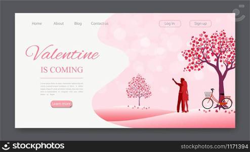 Valentine's day landing page,pink landscape with couple standing on hills of love,vector illustration