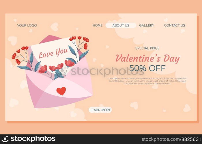 Valentine’s Day Landing page template design. Pink open envelop, letter words Love You red flowers green leaves beige backdrop. Special Price offer concept online shopping decorative clouds hearts. Valentine’s Day Landing page template design. Pink open envelop, letter words Love You red flowers green leaves beige backdrop. Special Price offer concept online shopping decorative clouds hearts.