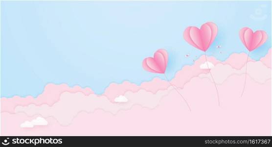 Valentine’s day, love concept background, paper pink heart shaped balloons floating in the sky with cloud, blank space, paper art style