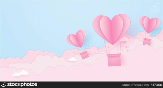 Valentine’s day, love concept background, paper pink heart shaped hot air balloons floating in the sky with cloud, blank space, paper art style