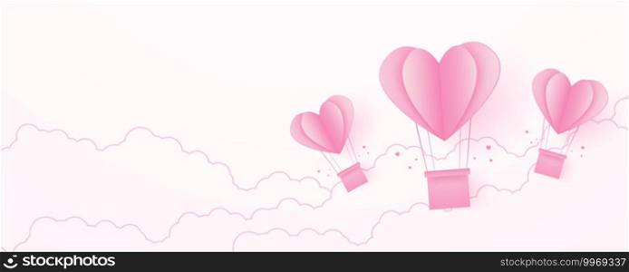 Valentine’s day, love concept background, paper pink heart shaped hot air balloons floating in the sky with cloud, blank space, paper art style