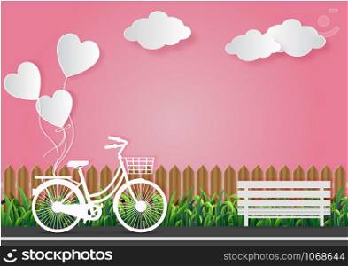 Valentine's Day love Concept There are bicycles on the street with tied balloons, green grass along the road and pink sky. Beautiful nature. Vector illustrations paper art