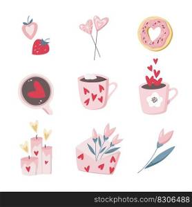 Valentine"s day pale pink flat illustration set candle, coffee, donut, flowers, envelope, strawberry, lollipop