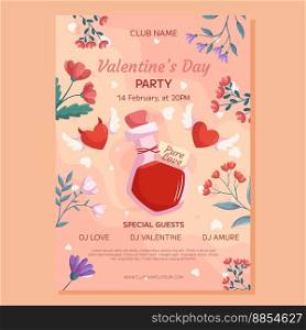 Valentine’s Day Party poster template design. Love potion bottle two heart with wings demon and angel, flower frame on beige back. Event invitation for club. Valentine’s Day Party poster template design. Love potion bottle two heart with wings demon and angel, flower frame on beige back. Event invitation for club.