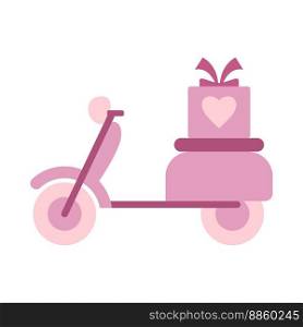 Valentine’s day pink scooter with heart on gift box. Festive design element for the valentine holidays, events, discounts, and sales. Vector illustration.