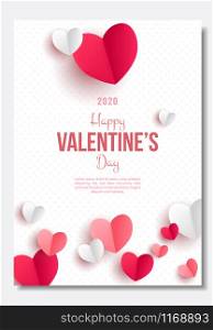 Valentine's day poster. 3d red and pink paper hearts with frame. Cute love sale banners or greeting cards. Vector illustration.